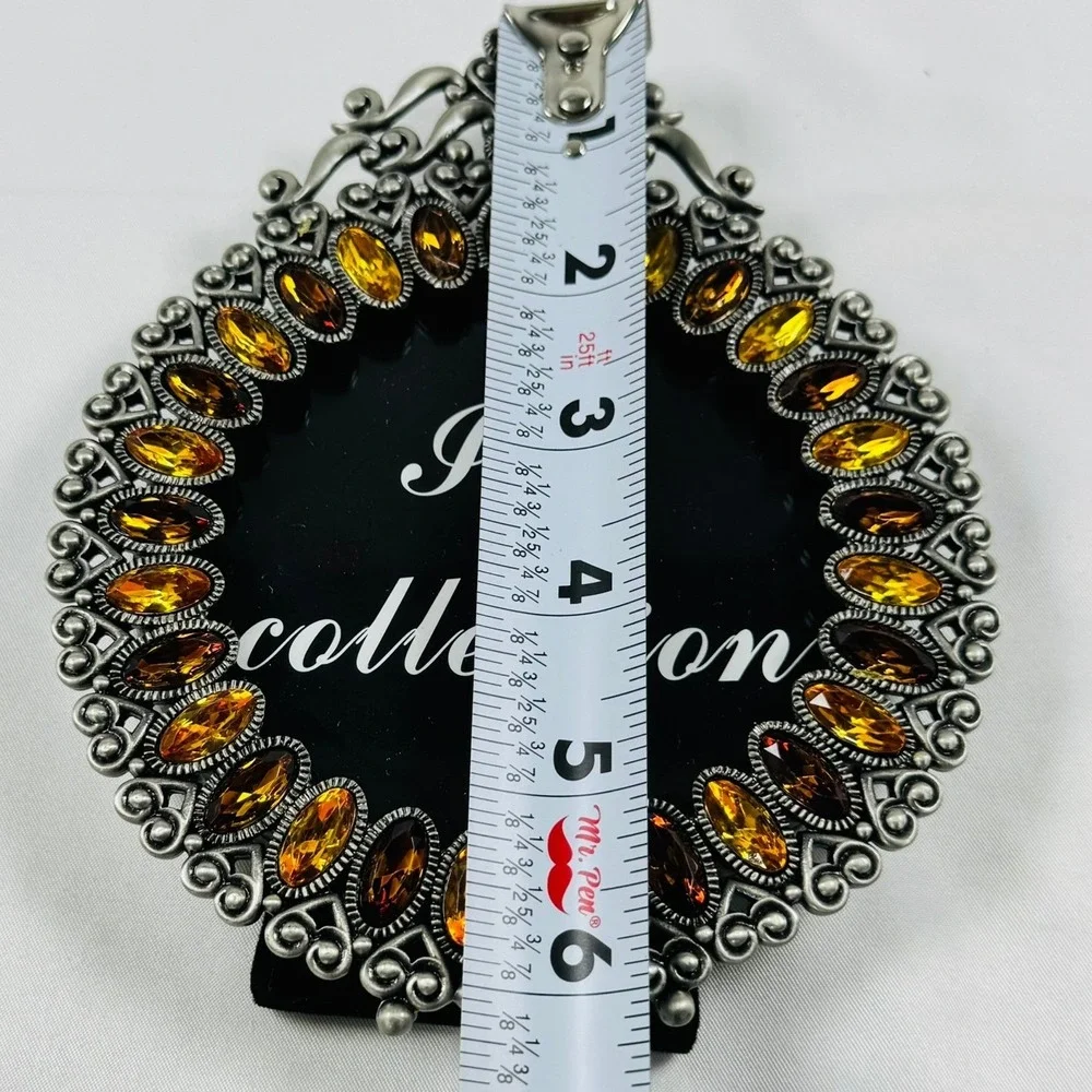 VTG Round Ornate Metal Picture Frame Amber Crystal Jewels Two's Company REGENCY